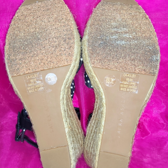 LAURA ASHLEY 8B 38 WEDGED SANDLES BLK /WHT CLOTH POKO DOT LEATHER PLATFORM SHOES - Picture 10 of 13